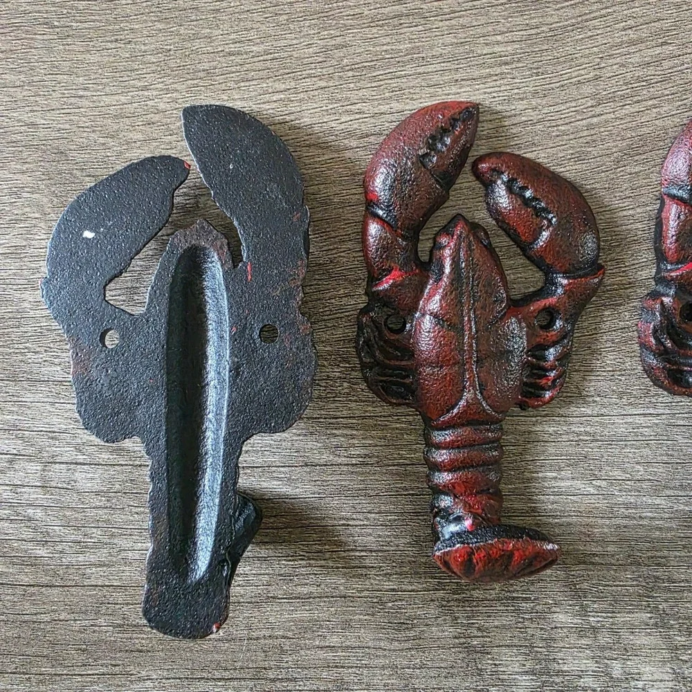 Set of 5 Cast Iron Lobster Wall Hooks Rustic Red Nautical Coastal Decor 6 inch